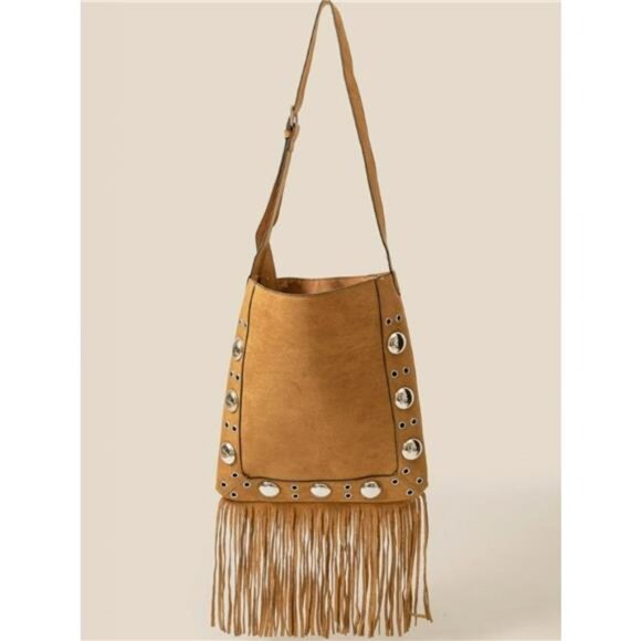 Fame Faux Suede Grommet Accent Fringe Tote Bag - Picture 1 of 2